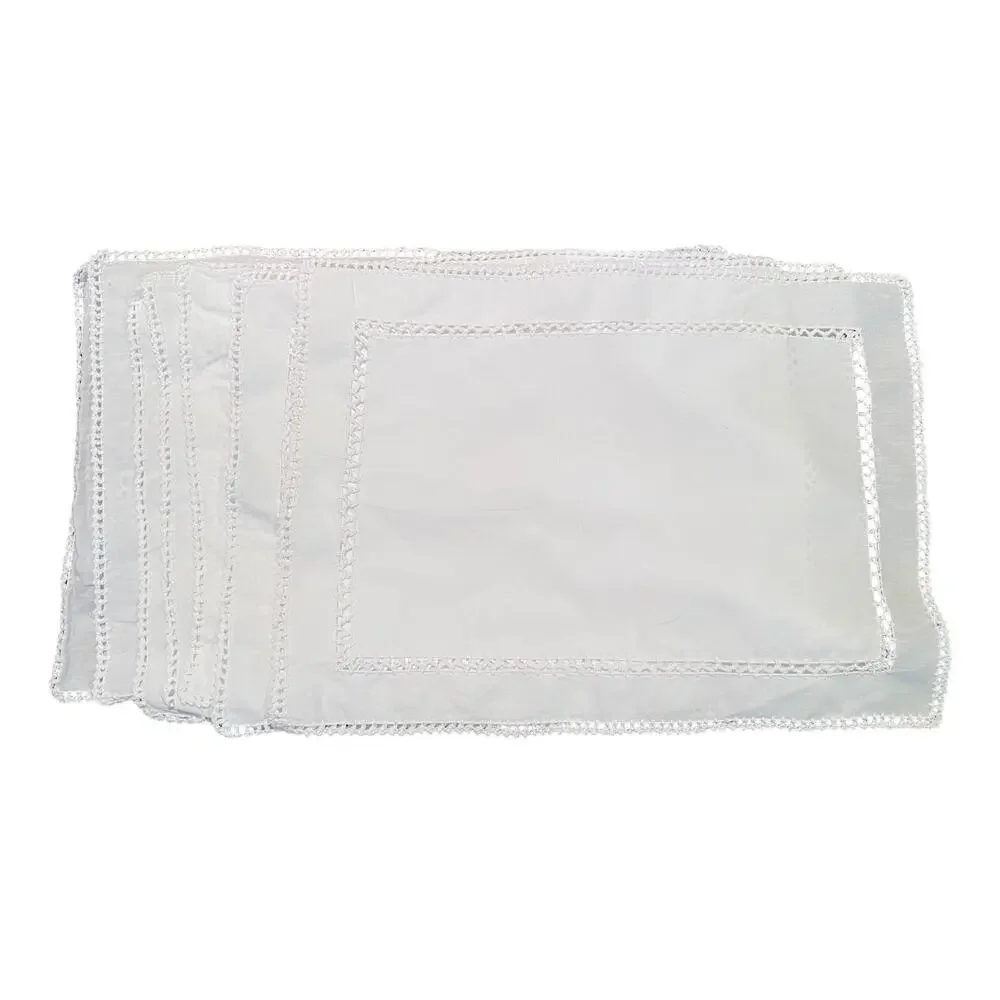Vintage White Cotton Embroidered Placemats, Set of 7